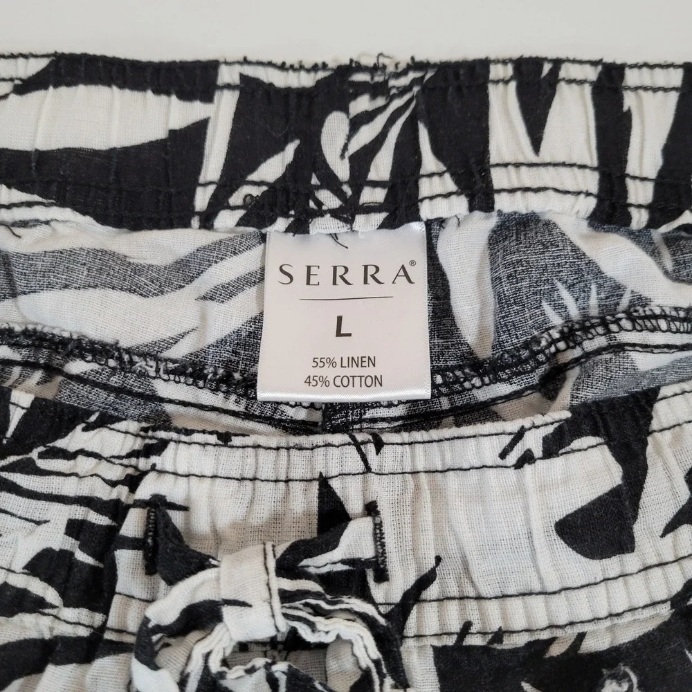 Serra Womens Pants Black White Size L Linen Blend Tropical Beach Drawstring 1275 - Picture 3 of 4